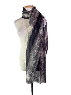 Ronen Chen Thin Shawl Scarf Fringed Ends Grey Cream Print 48x70"